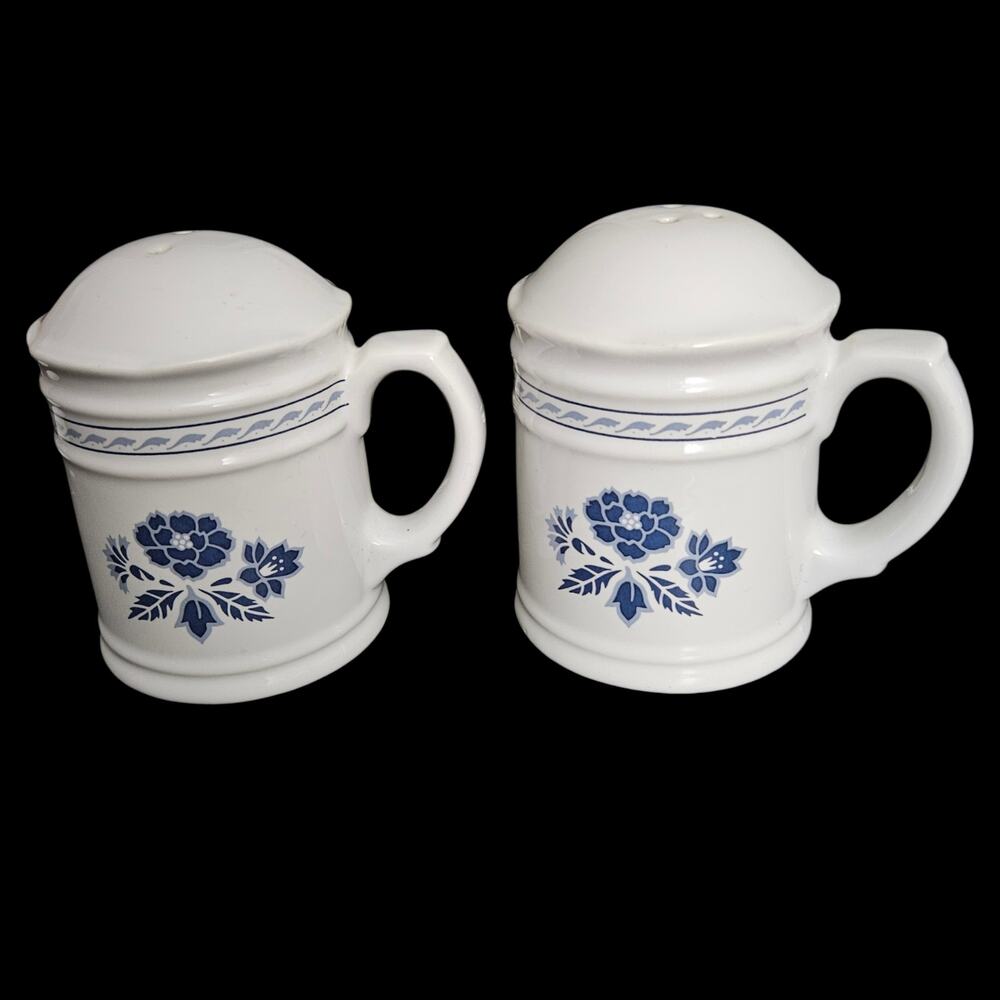 Vintage Blue Floral Stoneware Lidded Salt Pepper Shaker Mug Set